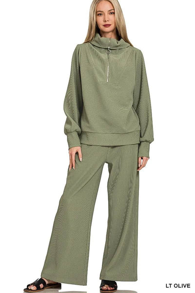 Zenana Ribbed High Neck Half Zip Pullover & Pants Set - Ebony's Shopping
