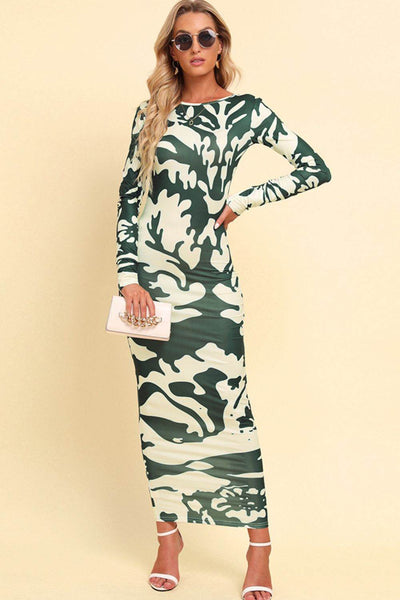 Printed Backless Long Sleeve Maxi Dress - Ebony's Shopping