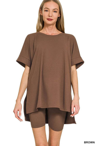 Zenana Full Size Brushed Dty Microfiber Round Neck Top and Biker Shorts Set Plus Size - Ebony's Shopping