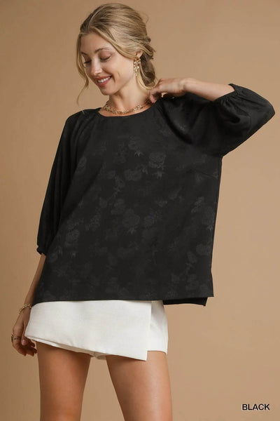 Umgee Satin Jacquard Balloon Sleeve Blouse - Ebony's Shopping