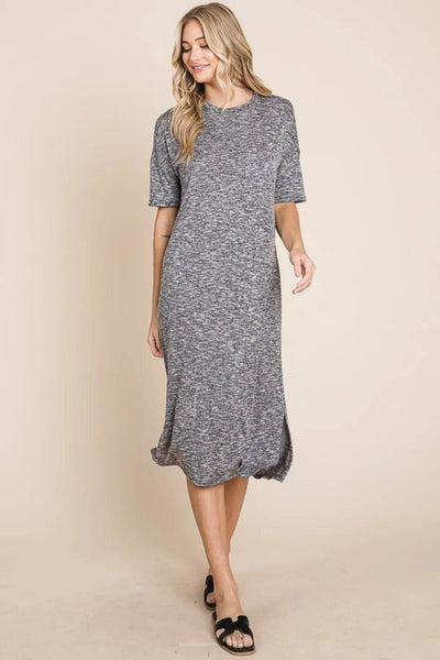 BOMBOM Slit Round Neck Half Sleeve Midi Dress - Ebony's Shopping