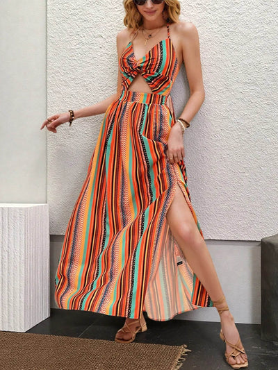Striped Halter Maxi Dress with Cutout Detail - Ebony's Shopping