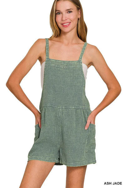 Zenana Washed Double Gauze Tie Back Rompers - Ebony's Shopping