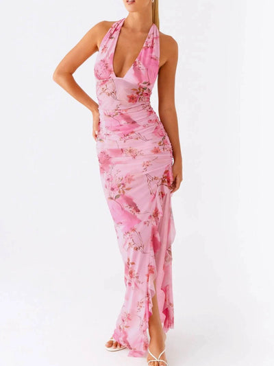 Ruffled Floral Print Halter Neck Cami Dress - Ebony's Shopping