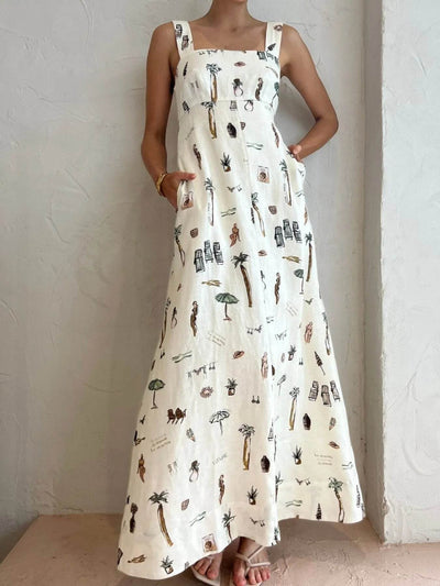 Printed Square Neck Maxi Cami Dress with Pocket - Ebony's Shopping