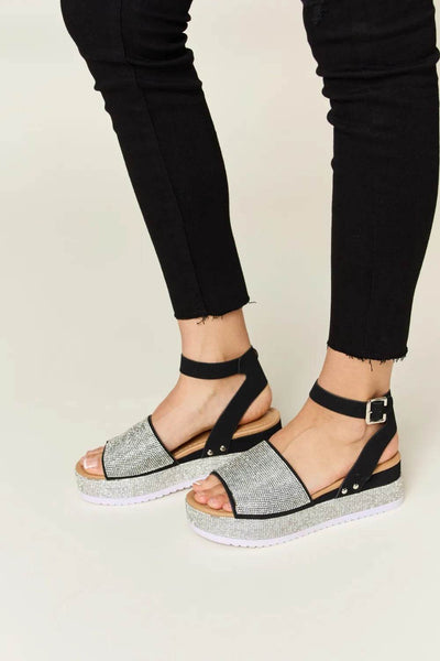 Forever Link Rhinestone Buckle Strappy Wedge Sandals - Ebony's Shopping