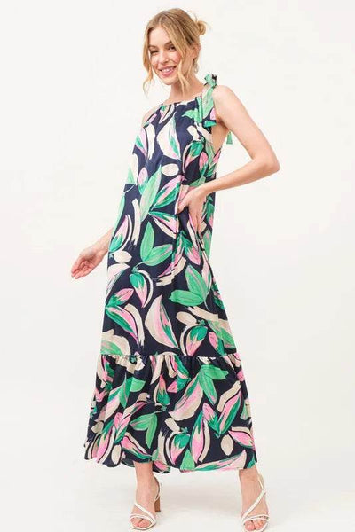 And The Why Botanical Printed Halterneck Tiered Maxi Dress - Ebony's Shopping