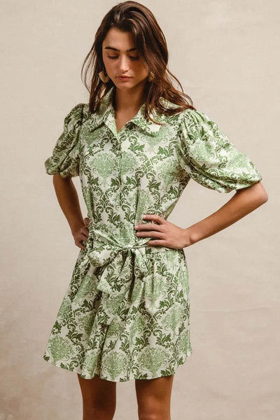 BiBi Tied Floral Short Sleeve Mini Shirt Dress - Ebony's Shopping