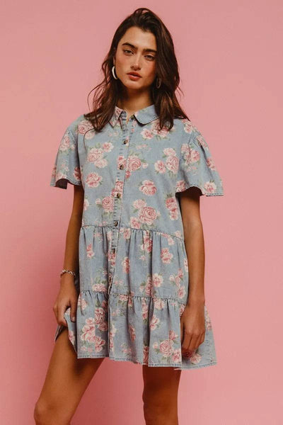 BiBi Floral Print Washed Lightweight Tiered Shirt Dress - Ebony's Shopping