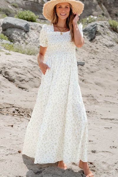 White Frilly Shirred Bodice Tiered Floral Maxi Dress - Ebony's Shopping