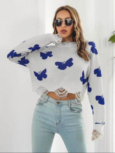 Distressed Butterfly Cropped Sweater - Ebony's Shopping