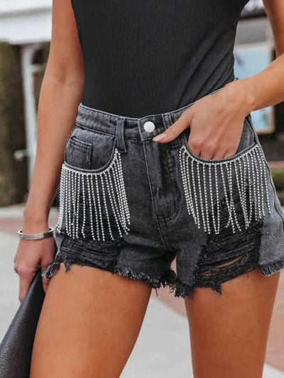 Distressed Fringe Denim Shorts with Pockets - Ebony's Shopping