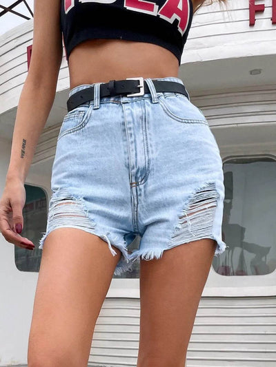 Distressed Raw Hem Denim Shorts - Ebony's Shopping