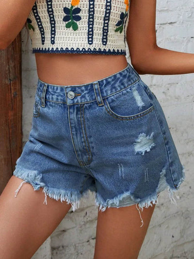 Distressed Raw Hem Denim Shorts - Ebony's Shopping
