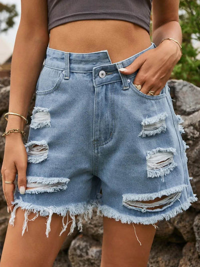 Distressed Raw Hem Denim Shorts - Ebony's Shopping