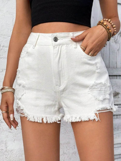 Distressed Raw Hem High Rise Denim Shorts - Ebony's Shopping