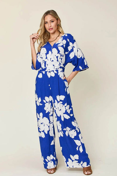 Double Take Full Size Printed Tie Back Wide Leg Jumpsuit - Ebony's Shopping