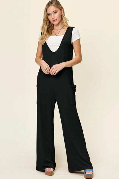 Double Take Full Size Sleeveless Wide Leg Jumpsuit with Pockets - Ebony's Shopping