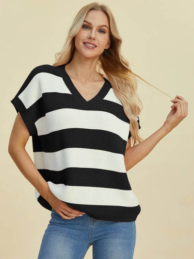 Double Take Full Size Striped V-Neck Short Sleeve Sweater - Ebony's Shopping