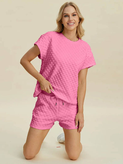 Double Take Full Size Texture T-Shirt and Shorts Set - Ebony's Shopping