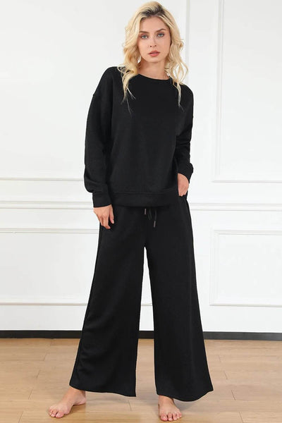Double Take Full Size Textured Long Sleeve Top and Drawstring Pants Set - Ebony's Shopping