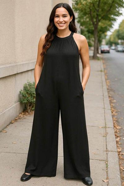 Double Take Full Size Tie Back Cutout Sleeveless Jumpsuit - Ebony's Shopping