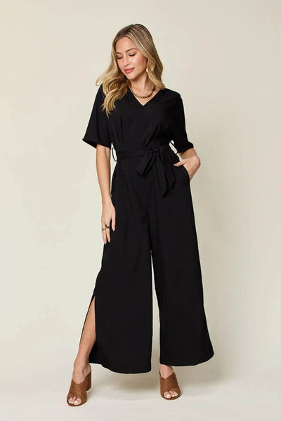 Double Take Full Size V-Neck Tied Side Slit Jumpsuit - Ebony's Shopping
