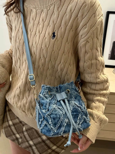 Drawstring Raw Hem Bucket Bag - Ebony's Shopping