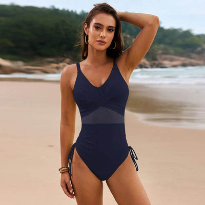 Drawstring Ruched V-Neck One-Piece Swimwear - Ebony's Shopping