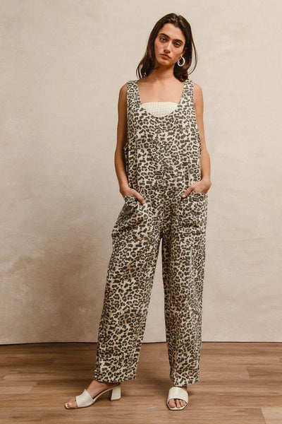 BiBi Leopard Print Adjustable Strap U Neck Jumpsuit - Ebony's Shopping