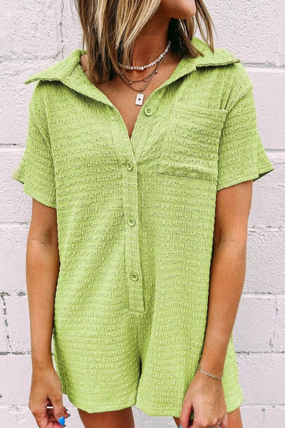 Textured Short Sleeve Patched Pocket Buttoned Romper - Ebony's Shopping
