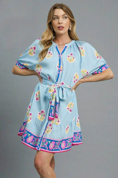 Umgee Floral Print Tie Waist Short Sleeve Dress - Ebony's Shopping