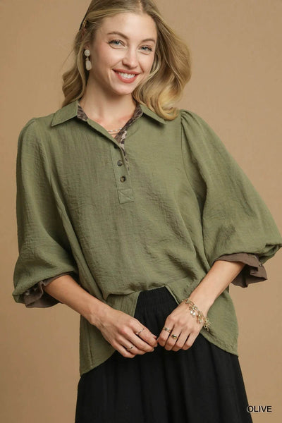 Umgee Half Button Blouse with Leopard Print Trim - Ebony's Shopping