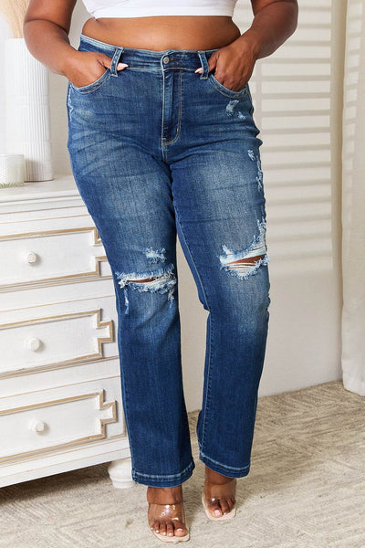 Judy Blue Full Size Mid Rise Hand Sand & Destroy Bootcut Jeans - Ebony's Shopping