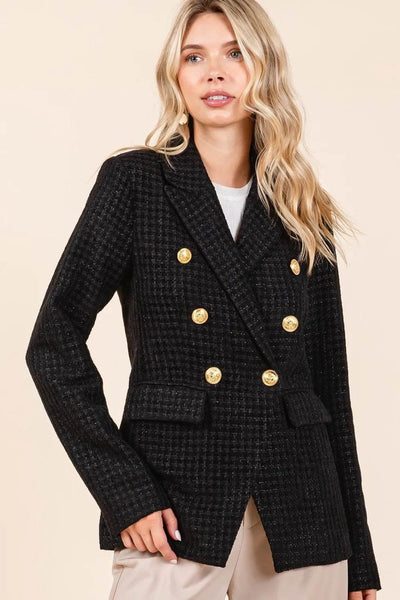 Mittoshop Plaid Texture Double-Breasted Long Sleeve Blazer - Ebony's Shopping
