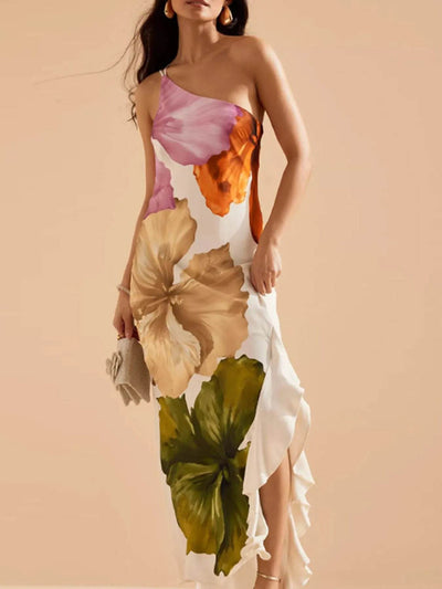 Floral Print Single Shoulder Maxi Dress - Ebony's Shopping