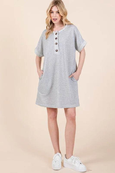 BOMBOM Casual Contrast Trim Henley Dress - Ebony's Shopping