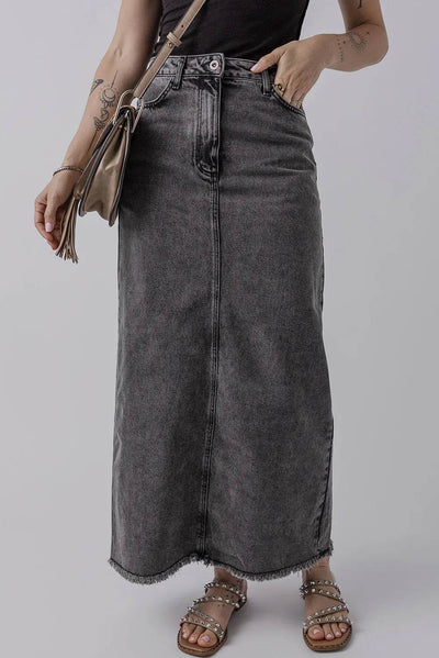 Raw Hem Midi Denim Skirt with Pockets - Ebony's Shopping