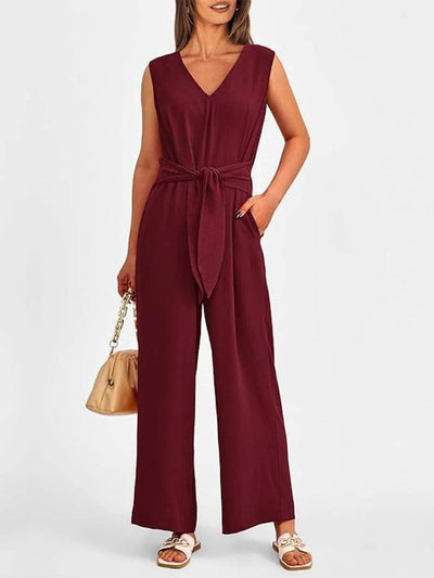 V-Neck Sleeveless Wide-Leg Jumpsuit with Waist Tie - Ebony's Shopping