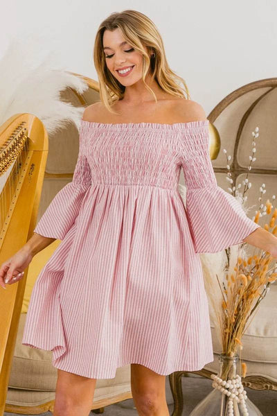 BiBi Smocked Off Shoulder Striped Dress - Ebony's Shopping