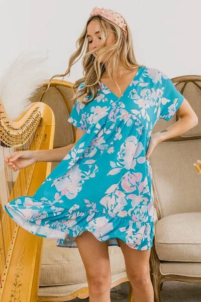 BiBi Floral Crinkle Shirred Ruffle Detail V Neck Dress - Ebony's Shopping