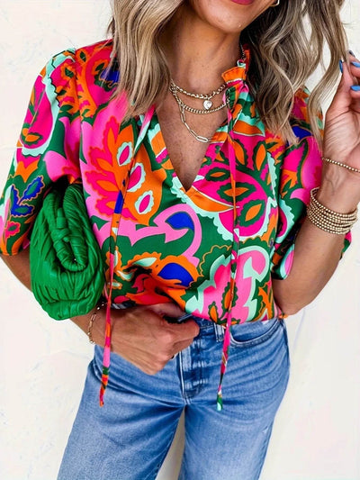 Printed Tie Neck Short Sleeve Blouse - Ebony's Shopping