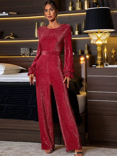 Perfee Cutout Round Neck Long Sleeve Jumpsuit - Ebony's Shopping