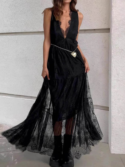 Lace Deep V-Neck Maxi Dress - Ebony's Shopping