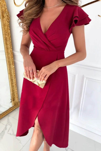 Surplice Ruffled Cap Sleeve Zip Back Dress - Ebony's Shopping