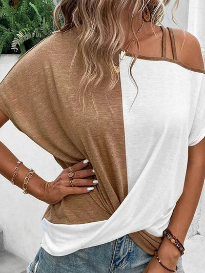 Contrast Asymmetrical Neck Short Sleeve T-Shirt - Ebony's Shopping
