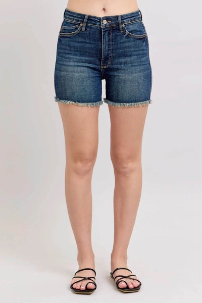 Judy Blue Tummy Control Fray Hem & Shield Back Pockets Denim Shorts - Ebony's Shopping