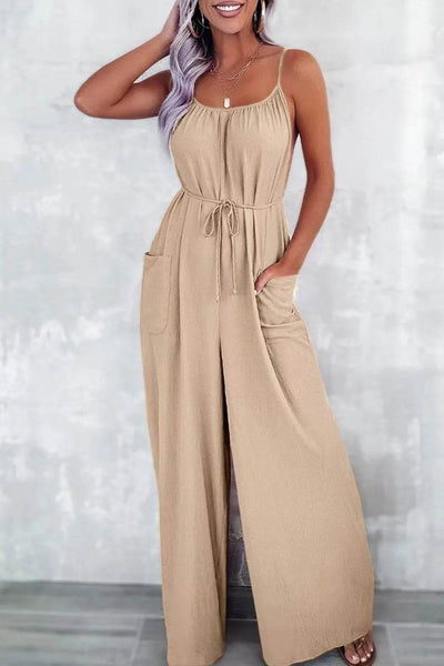 Casual Spaghetti Strap Wide Leg Jumpsuit with Pockets - Ebony's Shopping