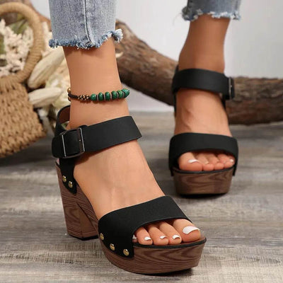 Peep Toe Block Heel Sandals - Ebony's Shopping