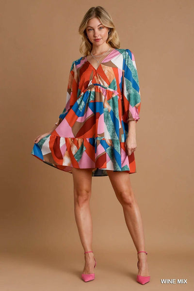 Umgee Abstract V-Neck Tiered Printed Dress - Ebony's Shopping